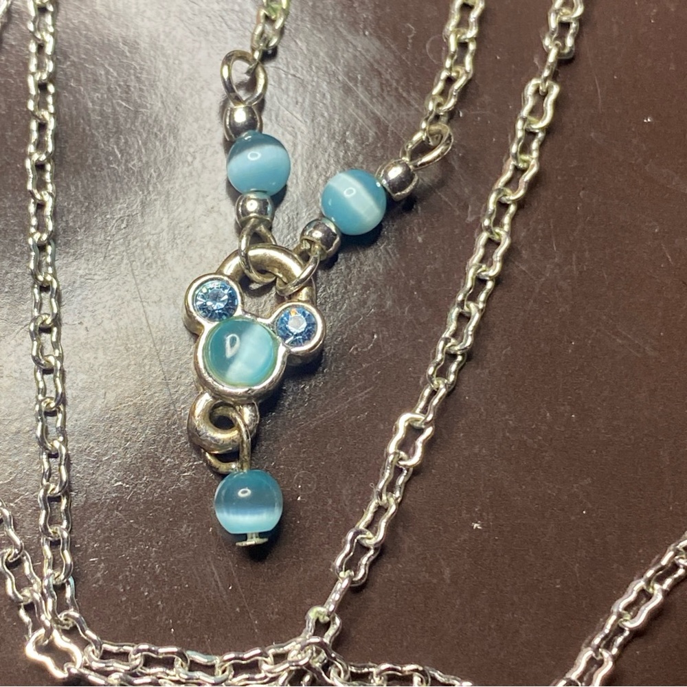 Disney 14” Choker Silver Chain Necklace Mickey Head Icon Blue Stones